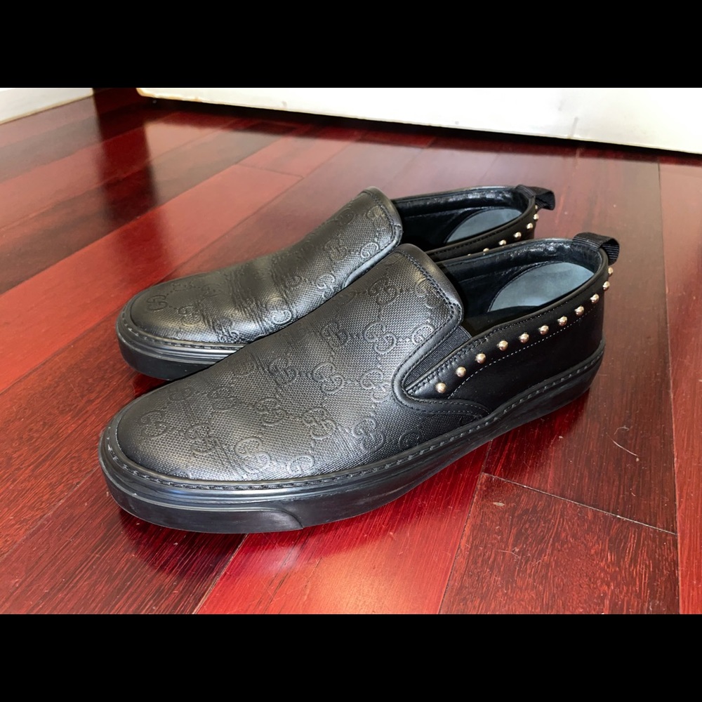 Gucci Black Leather Slip-On Sneakers with Studs